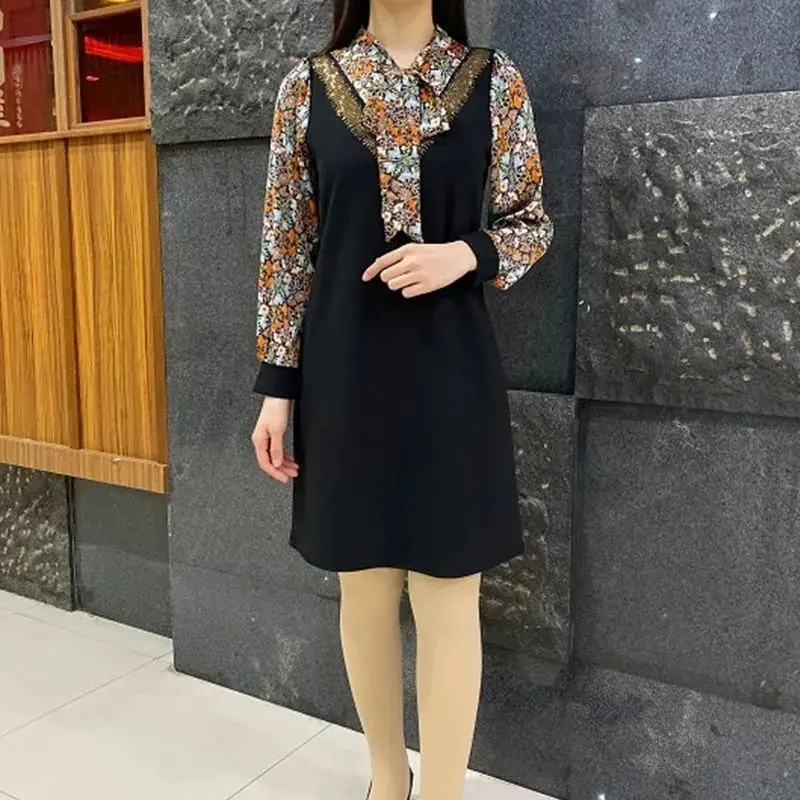 Long Sleeve Women's Printed Dress Fashion Diamonds Spliced Scarf Collar Lace Up Dresses Casual Fake Two Pieces Female Clothing