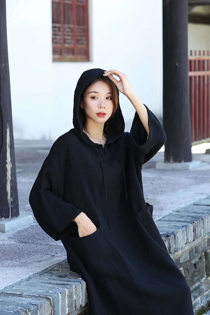 TIYIHAILEY Otoño Invierno mujeres algodón largo Maxi vestido 3/4 manga señoras Vintage negro rojo blanco grueso vestidos cálidos con capucha bolsillo