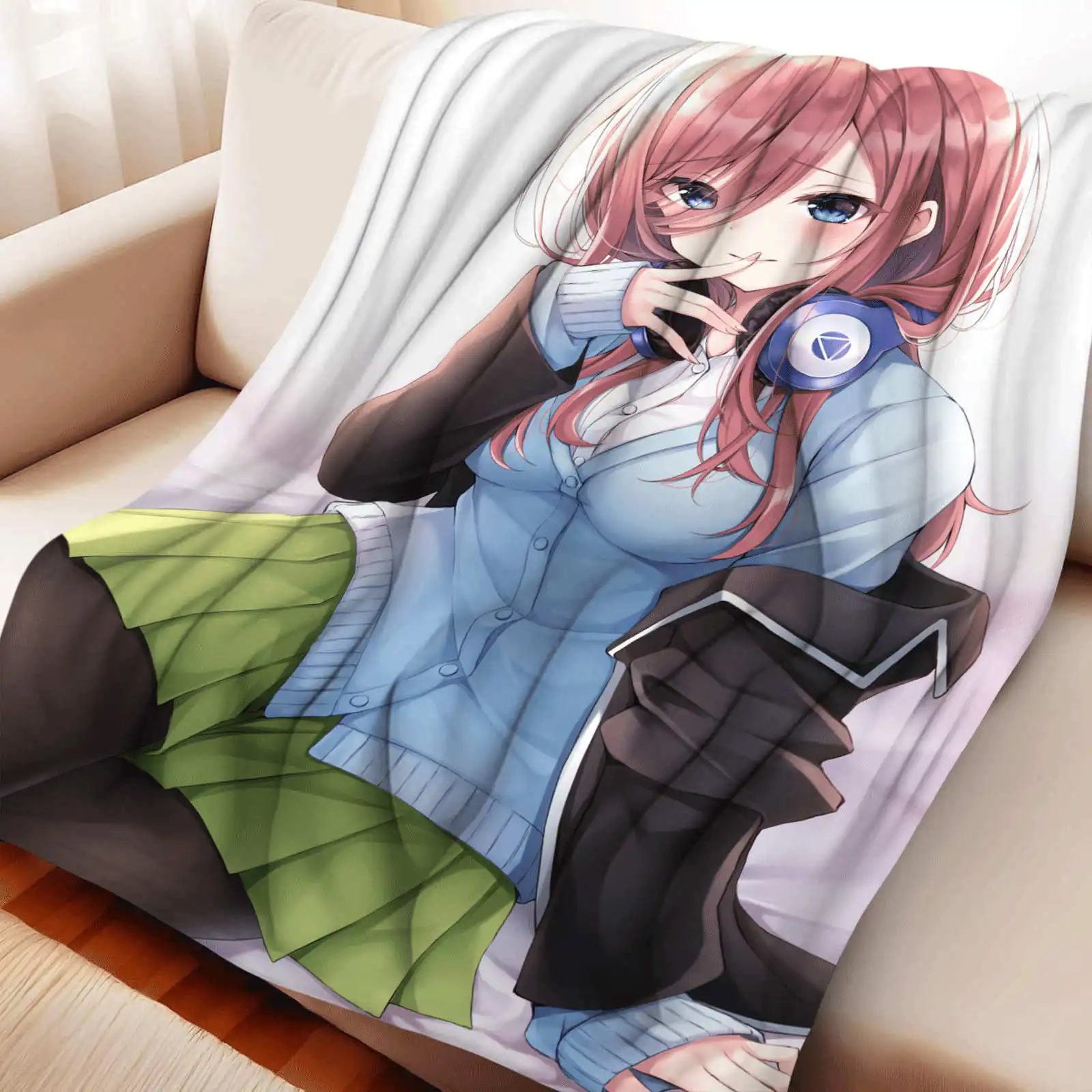Manta de franela de dibujos animados The Quintessential Quintuplets Nakano Miku, manta Otaku suave y cálida, mantas decorativas multifuncionales