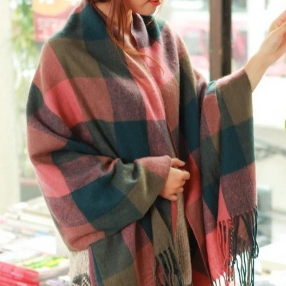

Dual-use Windproof Plaid Scarf Thick Keep Warm Imitation Cashmere Shawl Tassel Korean Style Shawl Wrap Apparel Accessories