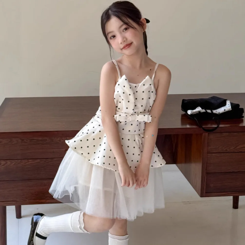 Children's Dress 2026 Summer Girl Polka Dot Splicing Mesh Princess Ballet Style French Temperament Fluffy Dress Short Skirt