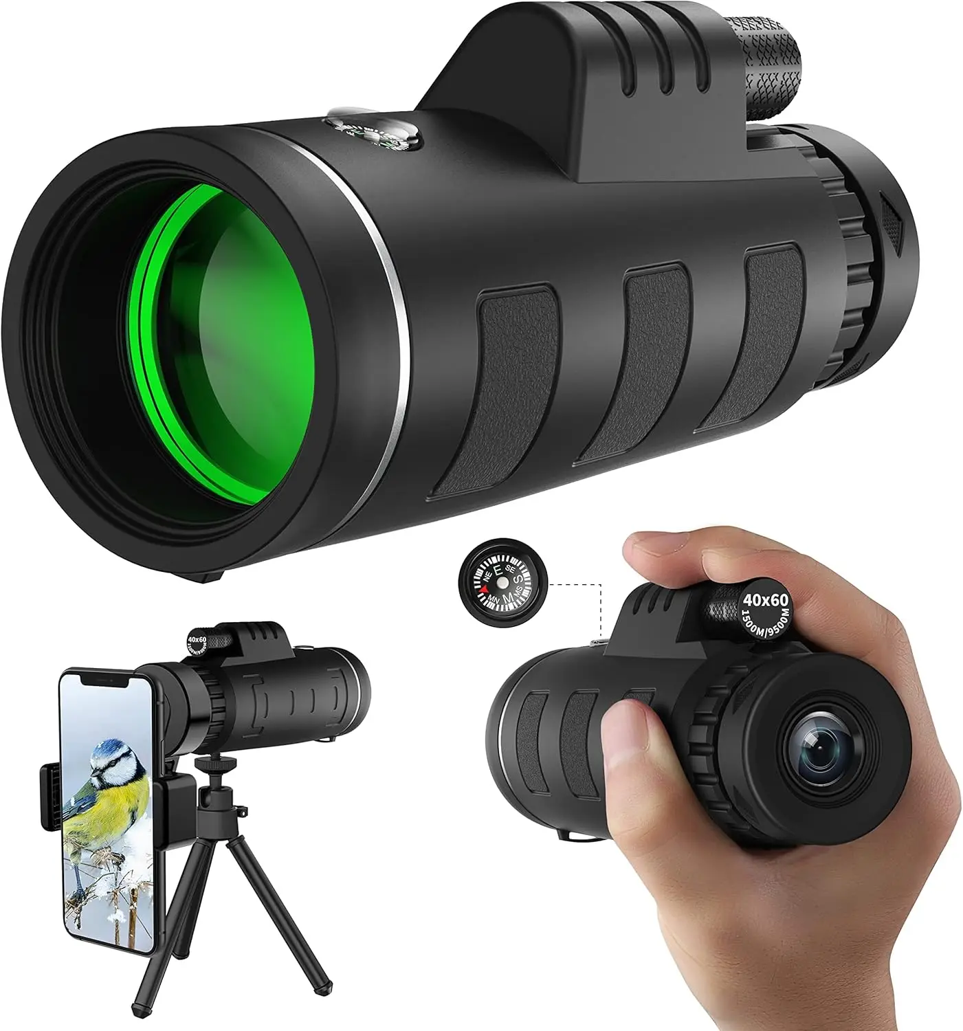 40x60 Monocular Telescope with Smartphone Adapter, BAK4 Prism FMC Monocular with Clear Low Light Vision for Wildlife Hunting Cam