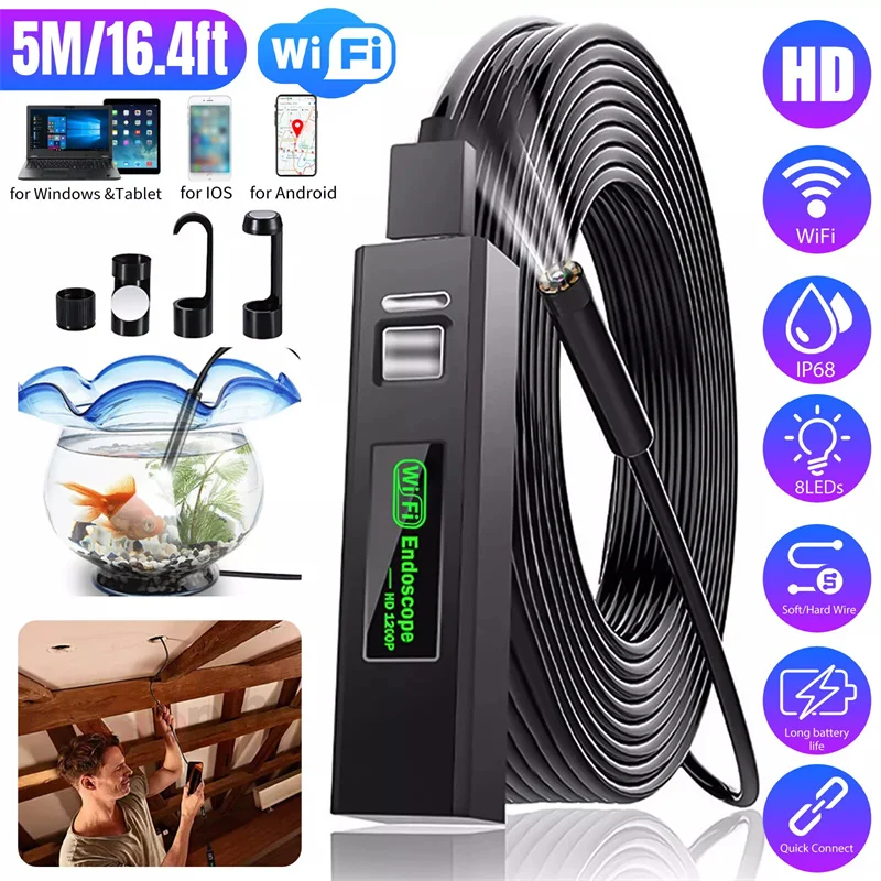 

Wireless Endoscope WiFi Borescope Inspection Camera 1200P HD IP68 Waterproof Snake Camera With 8 LED For Android IOS Tablet PC