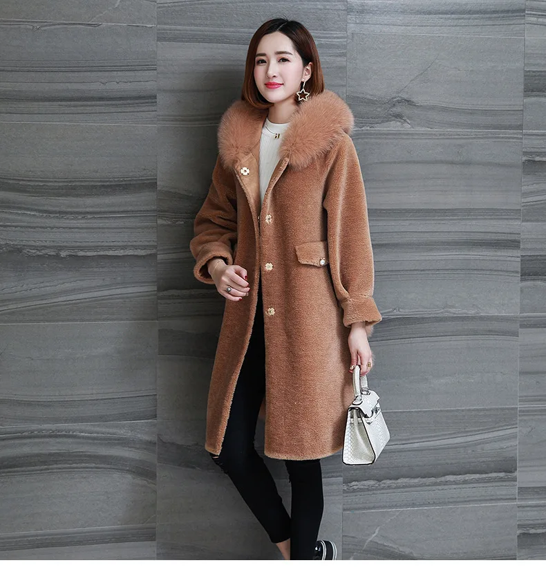 

2024Hot Sale New Granular Sheep Fleece Coat Women's Mid Long Fox Fur Collar Loose Hooded Wool Fur Coats for Women Clothing Fema