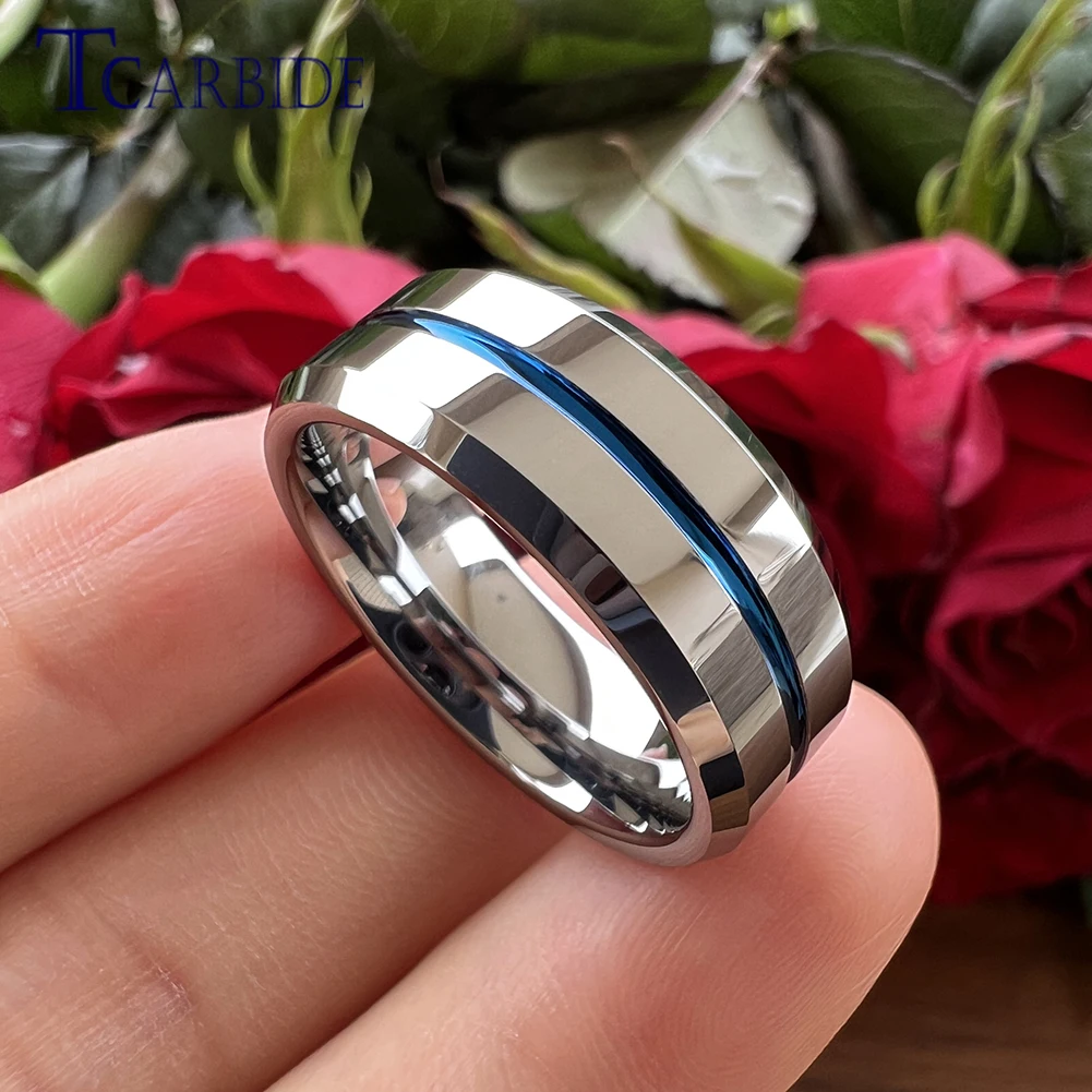 TCabide 8MM Two Tone Blue Groove Tungsten Carbide Ring Men Women Nice Wedding Band Beveled Polished Brushed Finish Comfort Fit