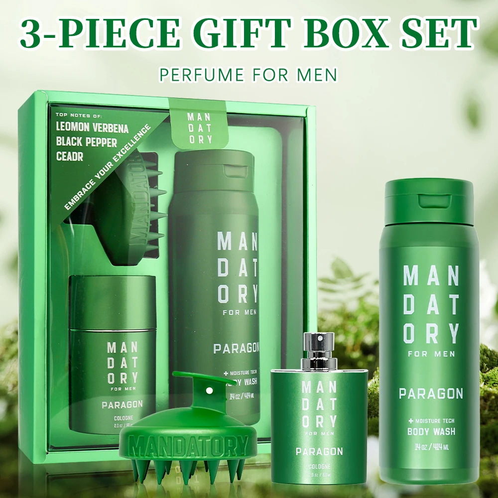 MANDATORY Men's Fragrance Set Gift  Eau de Toillete Cologne Spray 2.0 Oz Body Wash 14 Oz Shower Gel 1 Pc Hair Scalp Massager