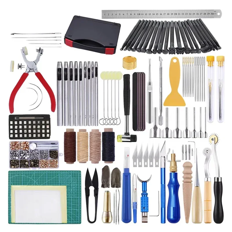 NO.N005 Leather Work Tools Kit Cutting Mat Hammer Pin Buckle Rivet Sewing  Craft  Sets