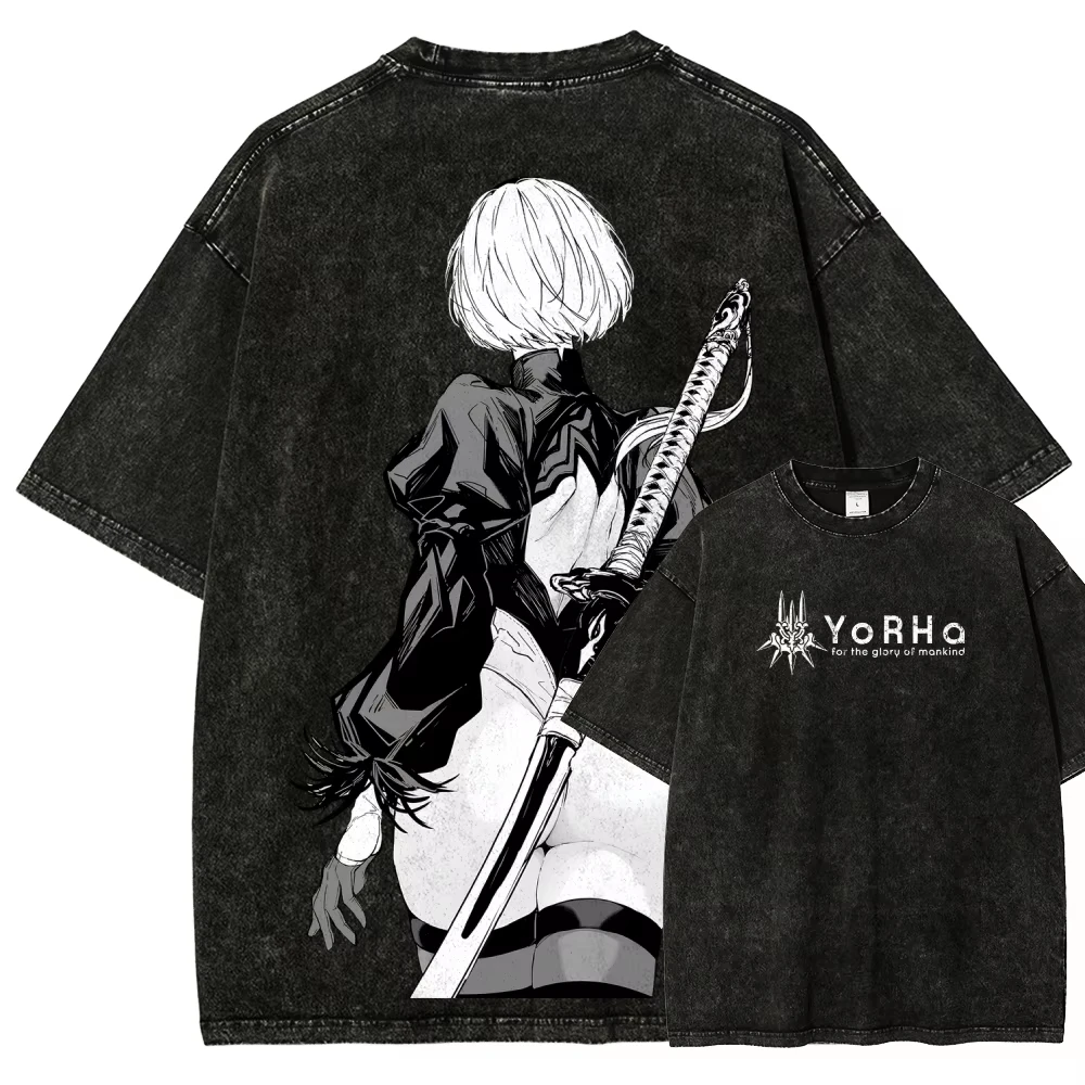 Nier Automata Washed Graphic T-Shirt 2026 Neues Modell Unisex Persönlichkeit Ganzjährig Streetwear Baumwoll-Oberteil – Detail 4