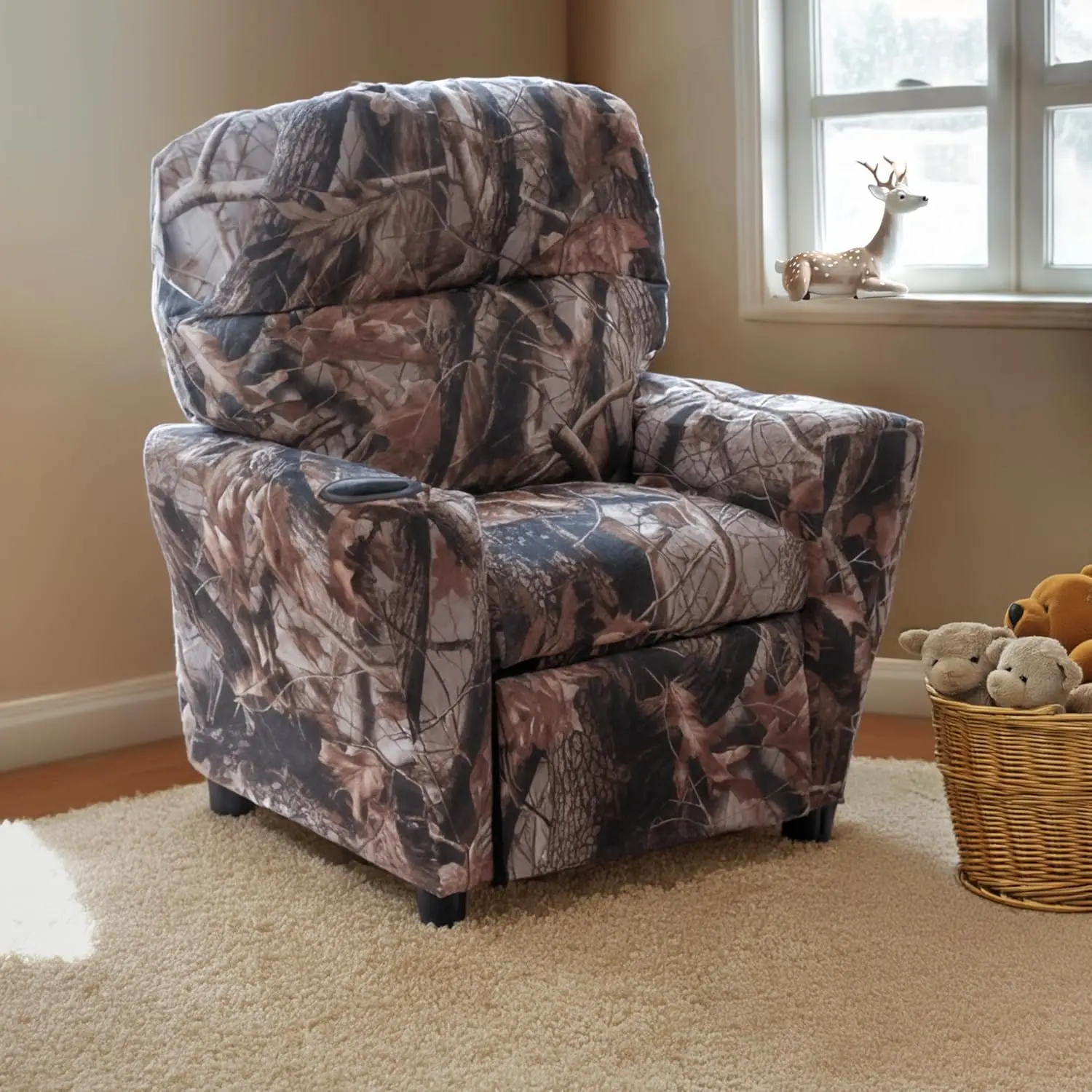 Furniture Chandler Vinyl Kids Recliner with Cup Holder and Safety Recline, Contemporary Reclining Chair for Kids, Supports up to