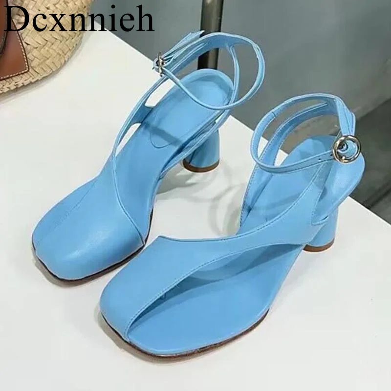 New Summer Genuine Leather Open Toe Sandals Women Solid Colour Mid Heel Sandalias Fashion Pumps Party Dress Shoes Runway Shoes