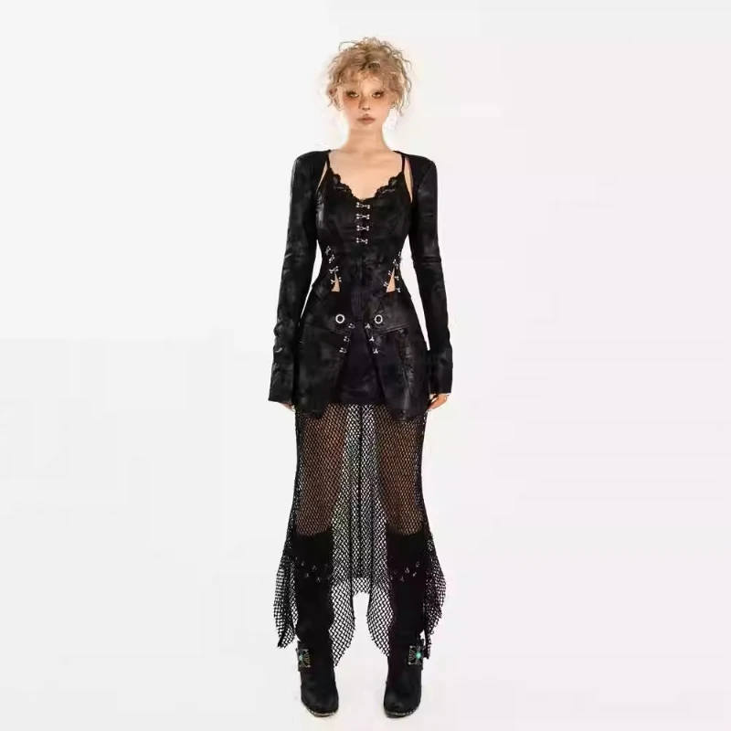 Original Gothic Design Halloween Costume 2025 Autumn New Sweet Cool Mesh Hollow Street Sexy Hot Girl Short Skirts Sets Ladies