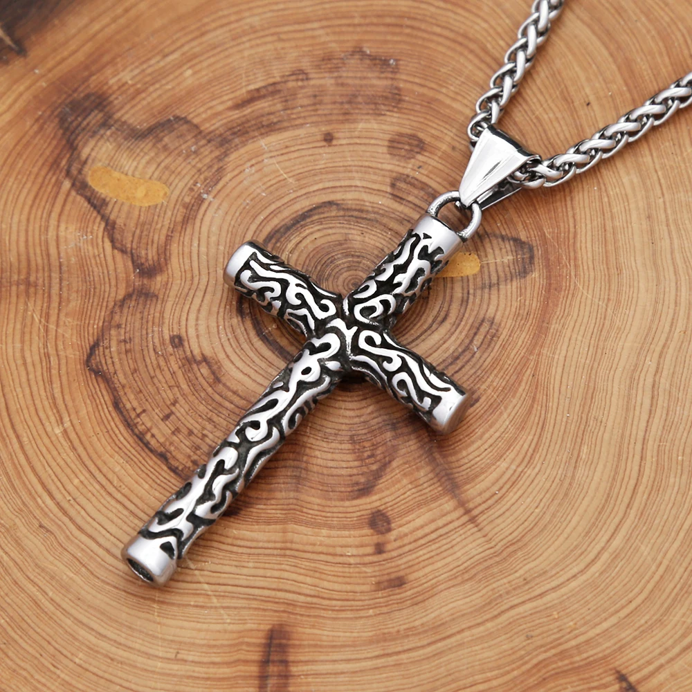 Vintage Engraving Cross Necklace Pendant For Men Women Fashion Punk Simple Stainless Steel Men Cross Pendant Jewelry Wholesale