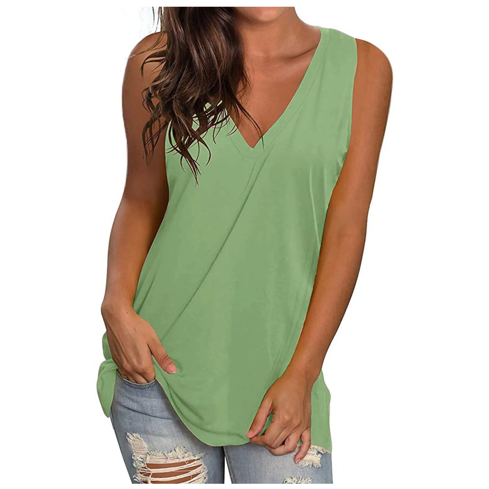 Women's Loose Comfortable V-neck Vest Sleeveless Tops Solid Color T-shirt Tops Spring Summer Ladies Large Size T-shirt Clothing