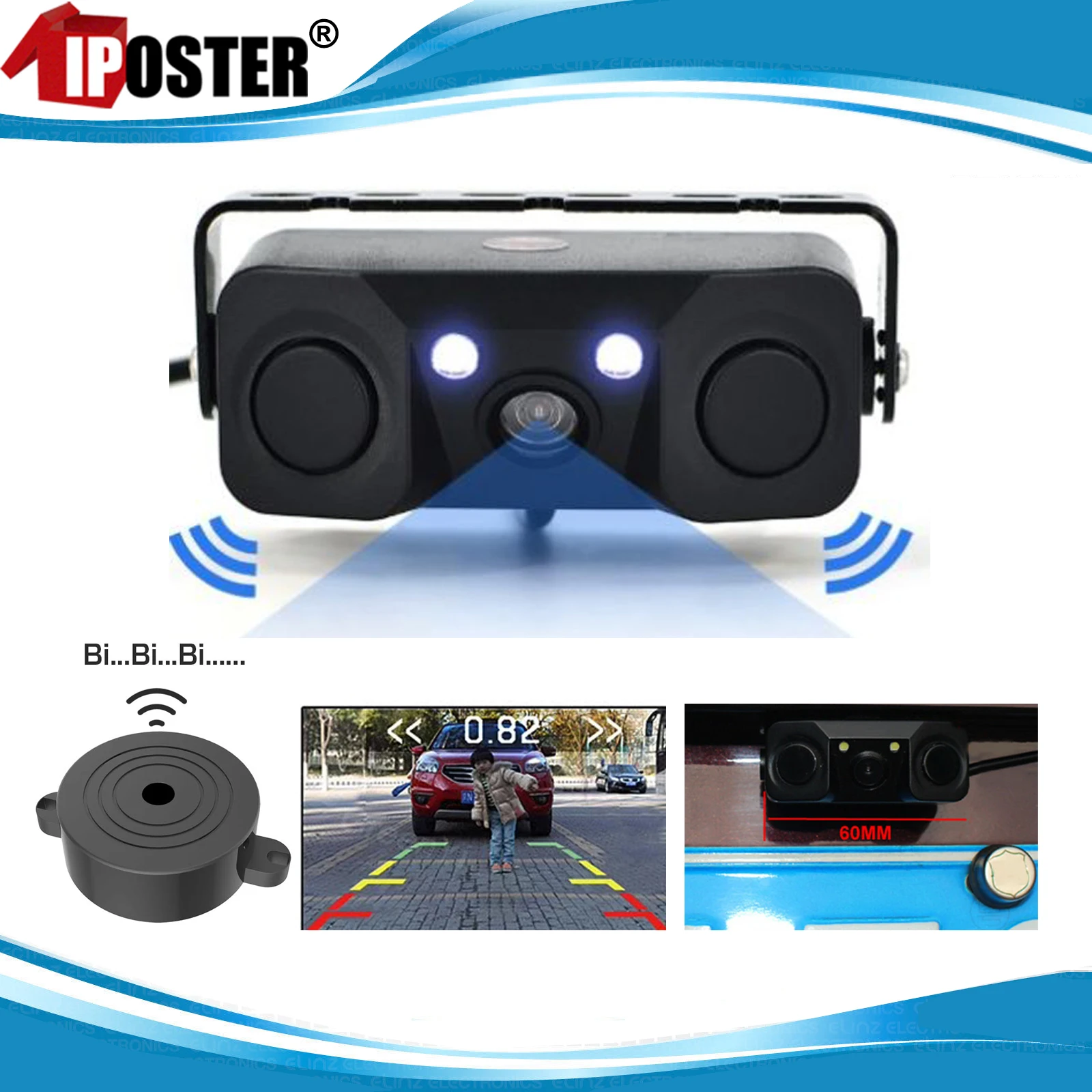 

iPoster Car Rear View Backup Camera with Parking Radar Sensor Beeper Alarm Night Vision Waterproof 12v For Car SUV Rv