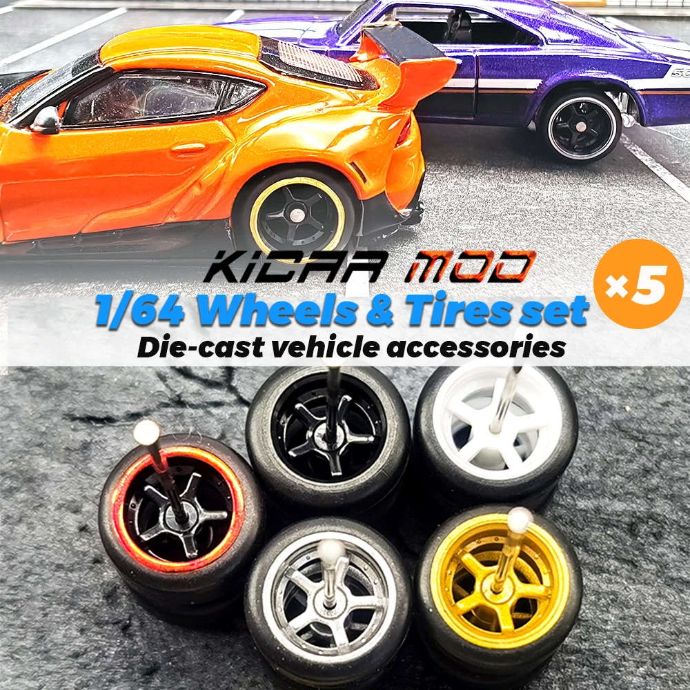1/64 Wheels with Fixed Rubber Tires Five Spoke 2 for Toy Model Diecast Cars Refitting Parts for MINIGT (5 Sets for 5 Cars)