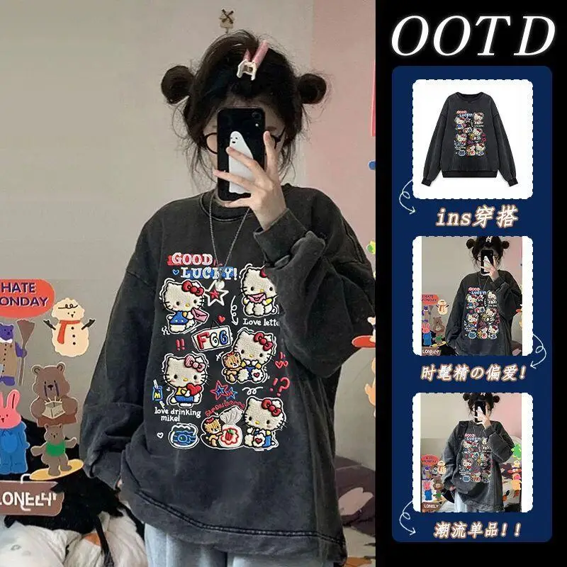 

AI Sanrio HelloKitty Girl, хлопковая кавайная аниме-модная студенческая повседневная осенне-зимняя базовая рубашка с длинными рукавами и круглым вырезом, хит продаж