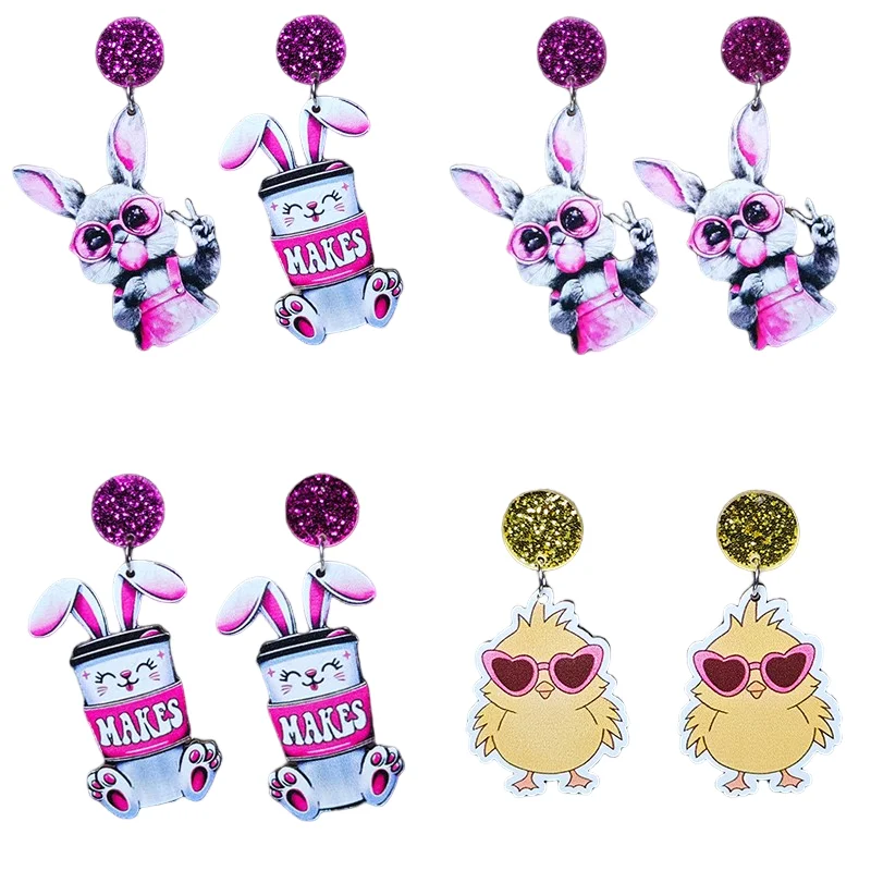 New Easter Earrings Milk Tea Cup Gesture Glasses Purple Rabbit Glasses Chicken Festival Earrings Easter Decoration Gift