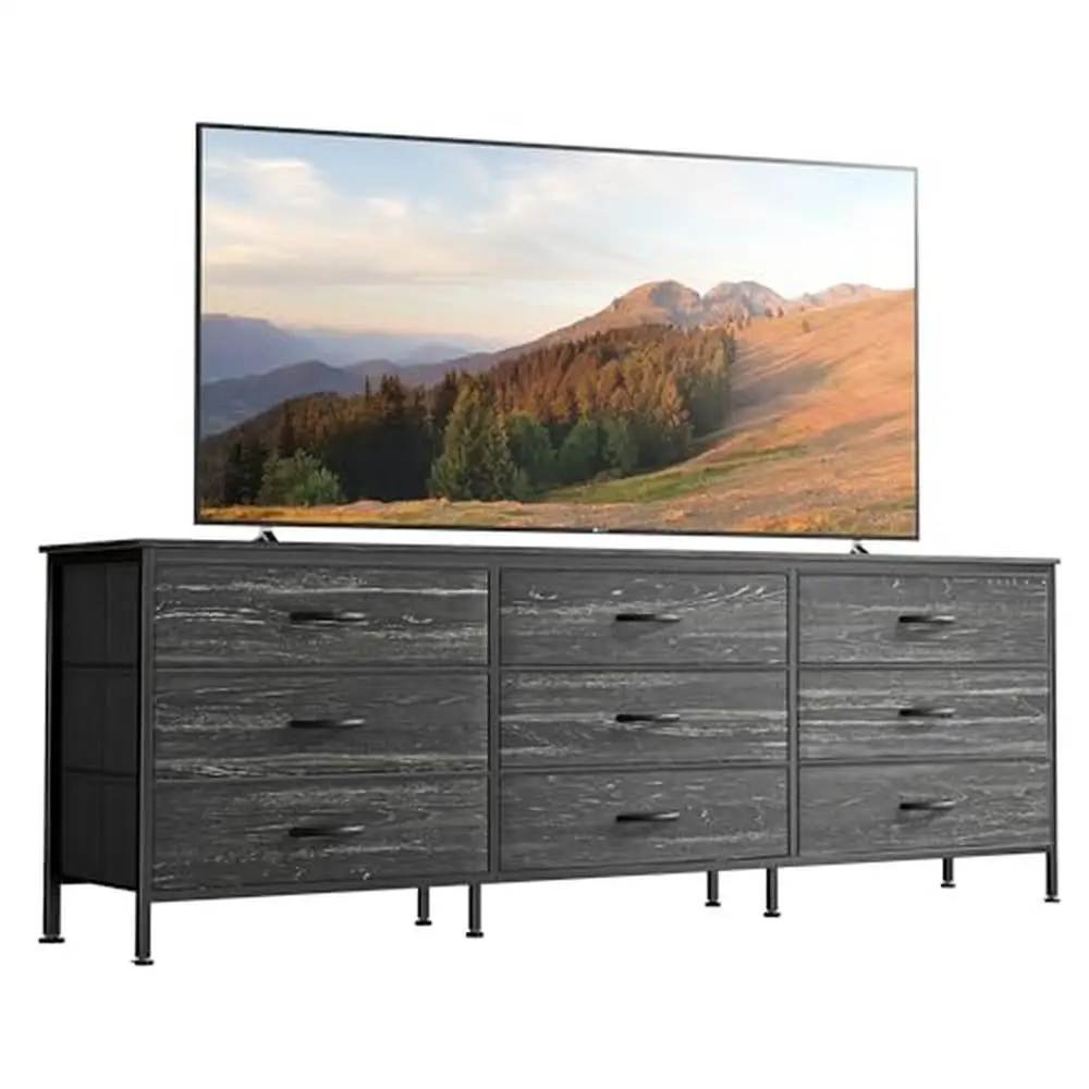 

9 Drawer 63 Inch TV Stand Console Fabric Bedroom Dresser Organizer Storage Cabinet Freestanding Charcoal Black Wood Grain Print