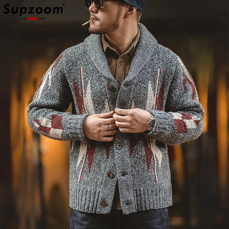 Supzoom-Cardigã de algodão espesso de peito único masculino, gola virada para baixo, suéter casual masculino, moda superior, nova chegada, 2023