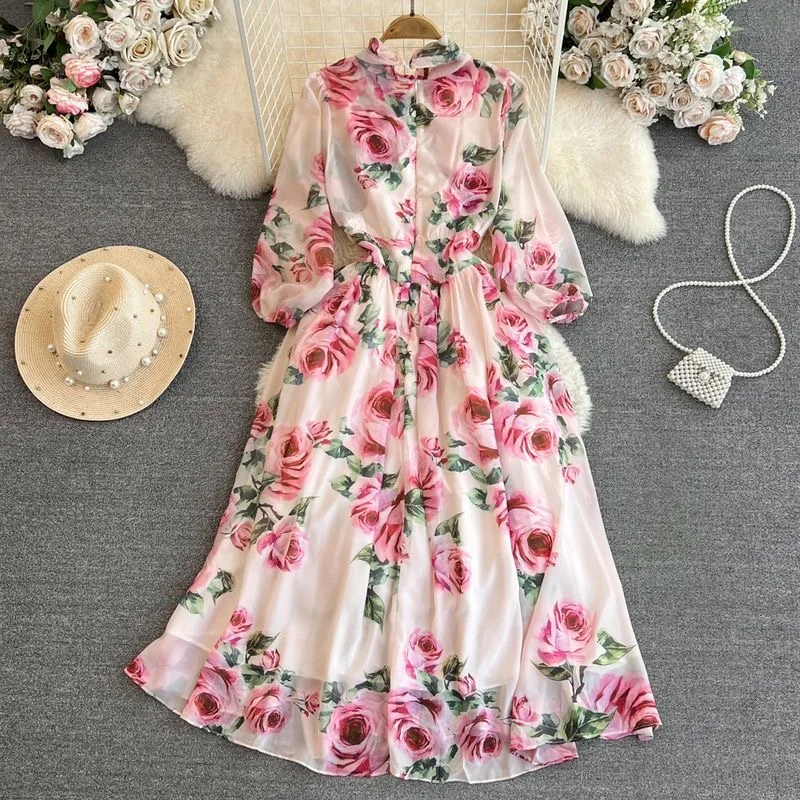 

2025 New Fashion Temperament Breezy Long Sleeve Bow Tie Slim Print Big Swing Chiffon Dress Elegant Long Skirt Top Gown Women's