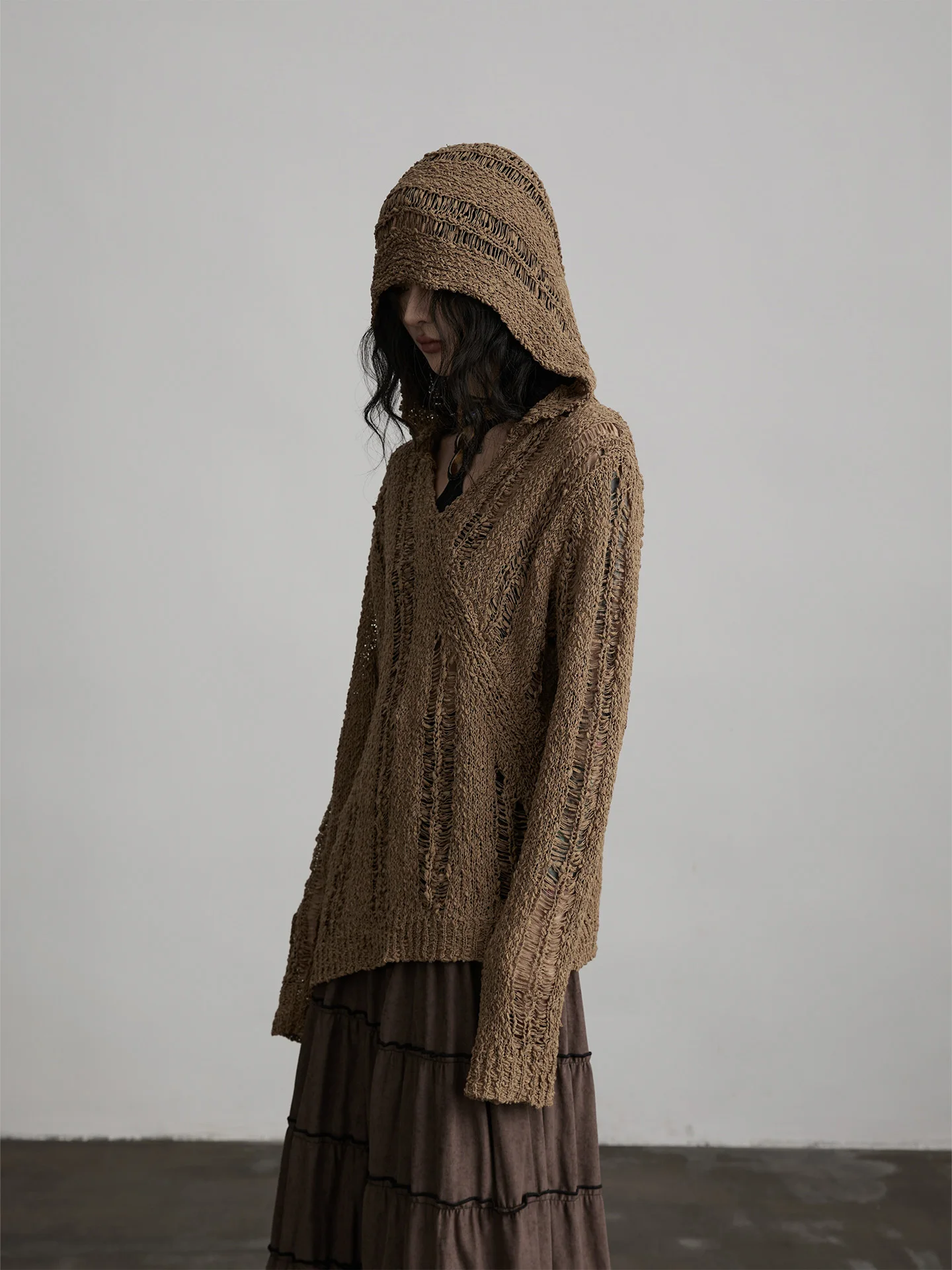 

Женская свободная вязаная толстовка-худи Street Sle с вырезами, для ношения как поддевка или верхняя одежда, осенне-зимняя, модная, повседневная, однотонная