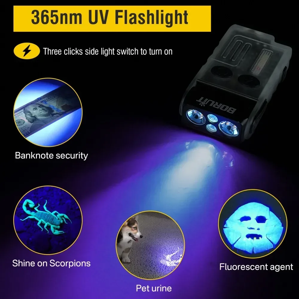 BORUiT V20-1 UV EDC LED Keychain Flashlight Type-C Rechargeable Torch Buzzer Work Light with Magnet Camping Pocket Lantern