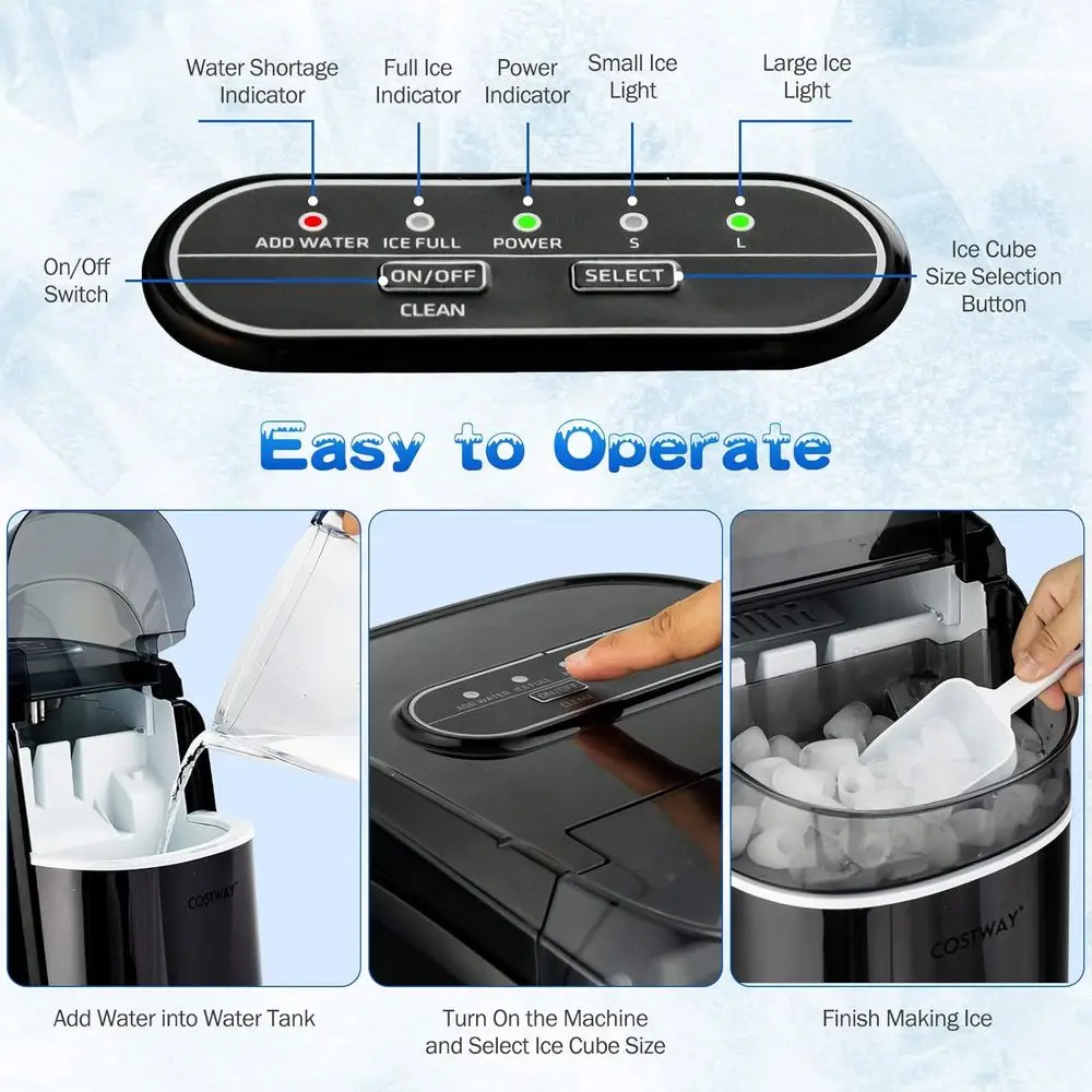 

Portable Self-Cleaning Ice Maker, 26.5 lbs Daily, 9 Cubes in 6-13 Mins, Open Top, Black