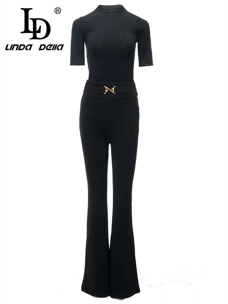 

LD LINDA DELLA Summer Cheap Casual Pants Sets Women's Black Round Neck Elastic Waist Short Sleeve+Straight Trouser 2 Pieces Set