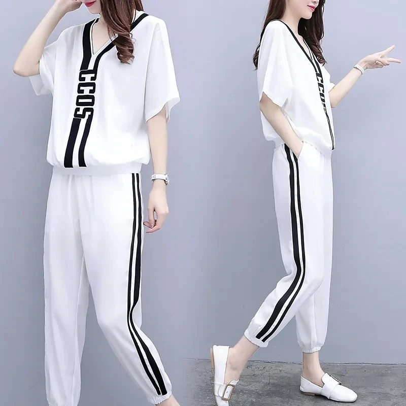 2022 New Summer V-Neck T-Shirt Casual Elastic Waist Sports Pant Suit Female Loose Size 3XL Fashion Two-Piece Sets White