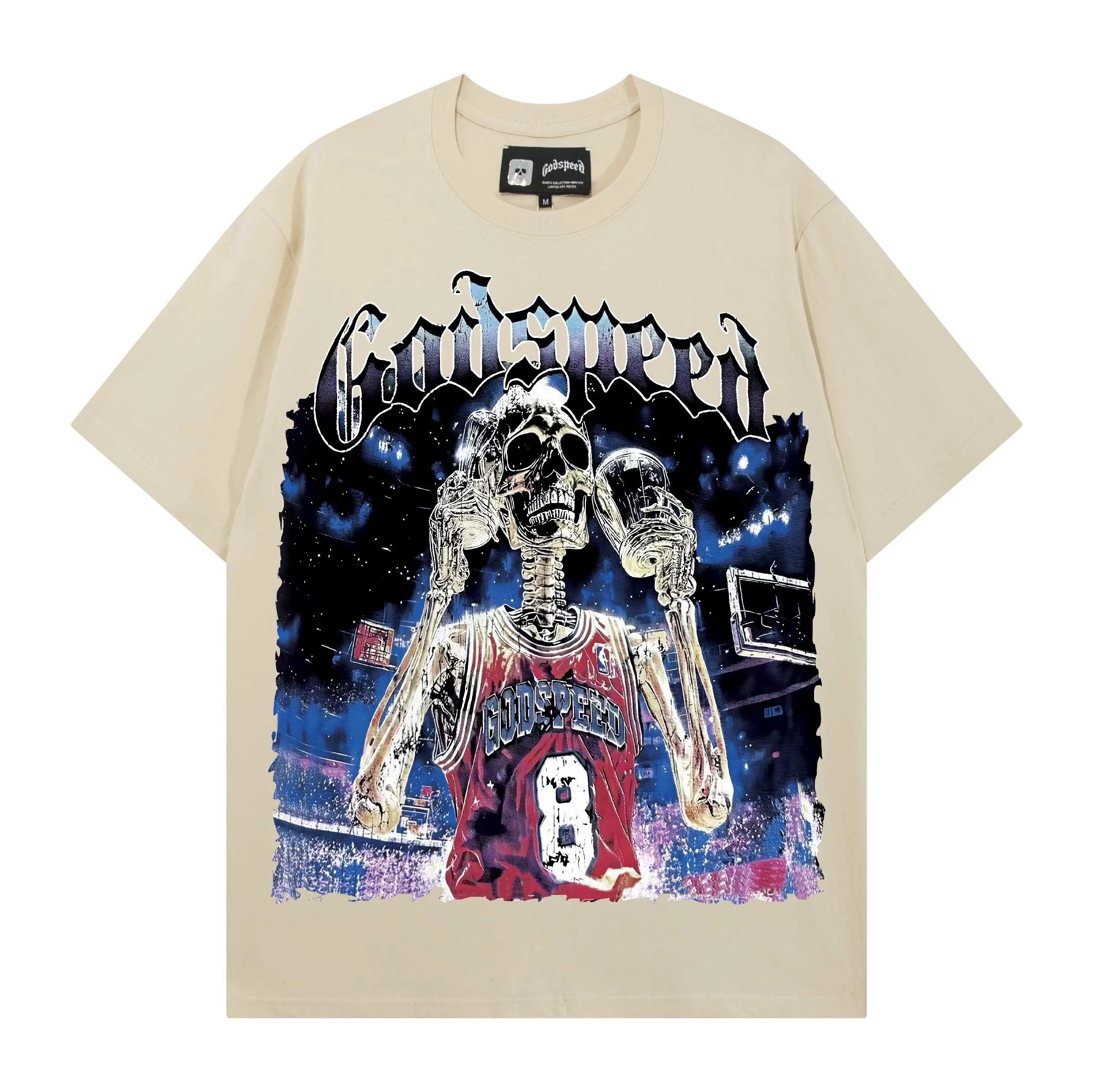 Godspeed Trendy Skull Print Rock T-Shirt Heavyweight Double Thread Cotton Short Sleeve Pure Cotton Summer Fashion Streetwear