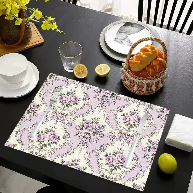 VIKAMA Placemat Light Purple Rose Flowers Print, Waterproof Oil-Proof Heat-Resistant Non-Slip Dining Table Mat