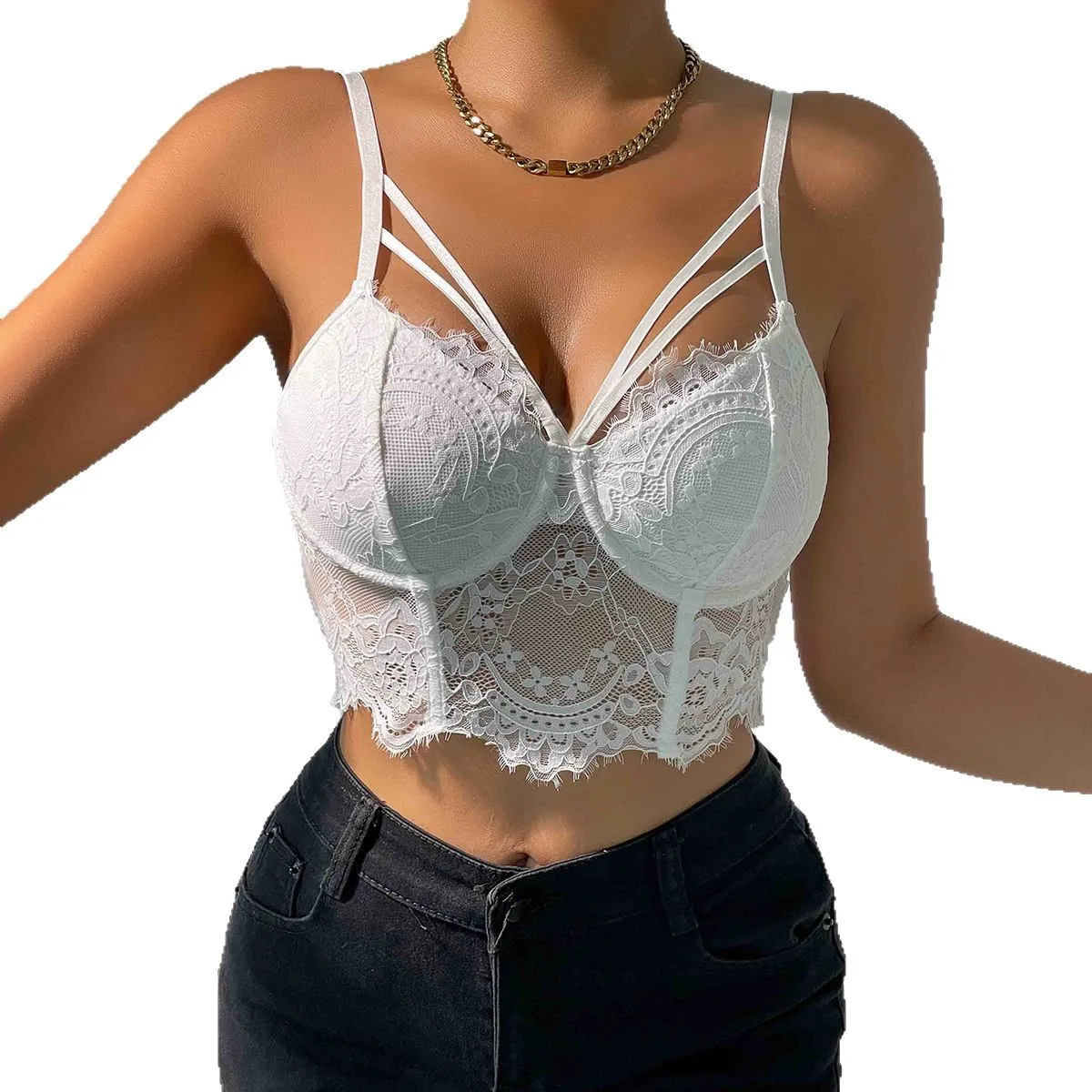 シアーレースビスチェトップ レディース セクシー プッシュアップブラレット Y2K アンダーワイヤーコルセット キャミソール 調節可能なストラップ付き セクシーコルセットベストトップス ロパ