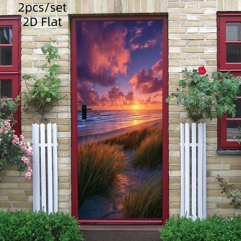 2pcs Morning Sun Beach Sunset Wall Stickers Natural Scenery Home Decoration Stickers Bedroom Living Room Entrance Background Wal