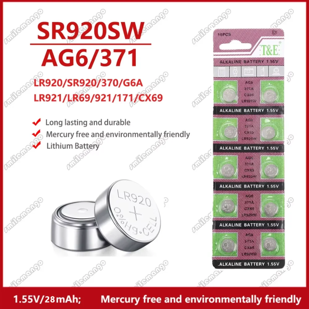 5/10 Uds 1,55 V AG6 botón de alta estabilidad pila de moneda SR920SW LR920 SR927 371 370 171 LR69 L921 para relojes juguetes mandos a distancia
