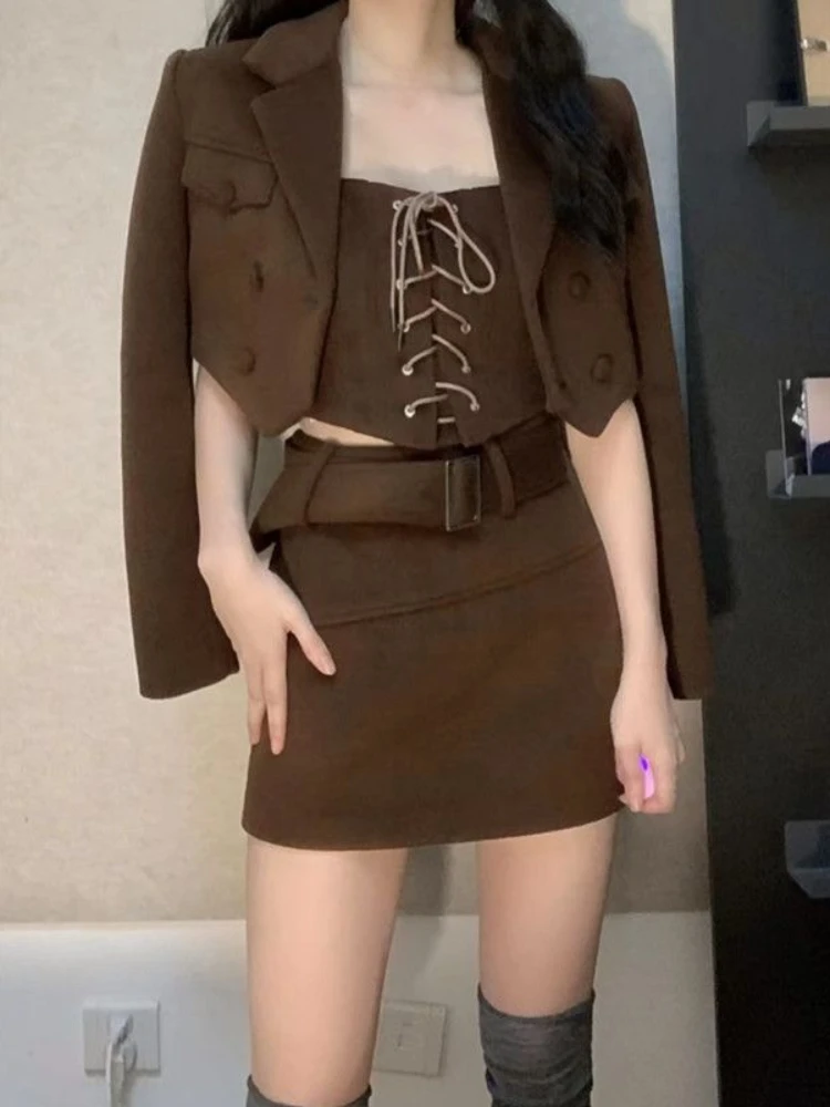 Korean Fashion 3 Piece Set Casual Vintage Suit Short Coat + Slim Vest + Bodycon Y2k Mini Skirt Solid Party Clothing 2023 Autumn