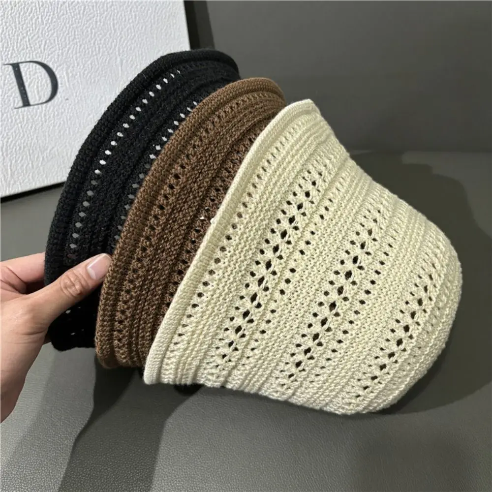 Casual Knitted Fisherman Hat Foldable Sun Protection Sun Hat Wide Brim Solid Color Hollow Beach Cap