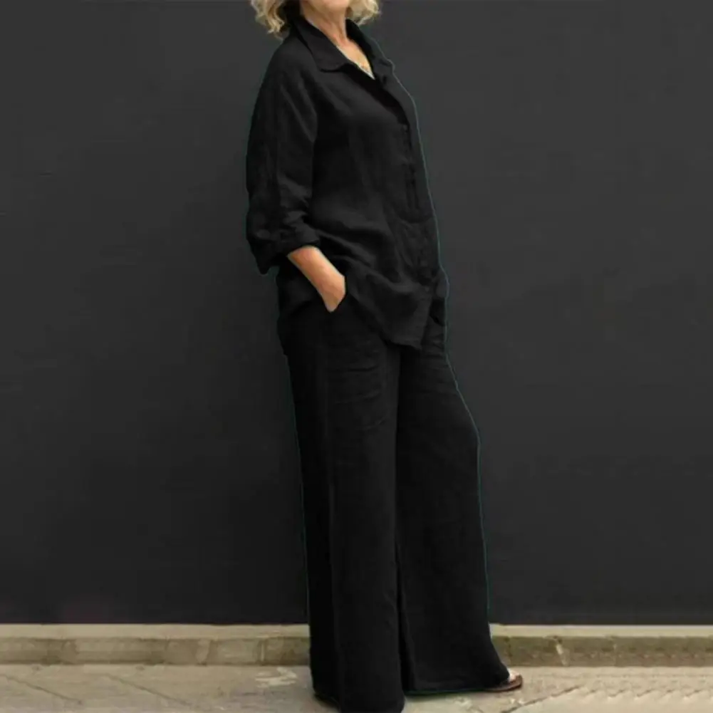 Loose Fit Women Shirt Pants Set Lapel Long Sleeve Single-breasted Shirt Trousers Set Autumn Wide Leg Women's Outfit 신상투피스