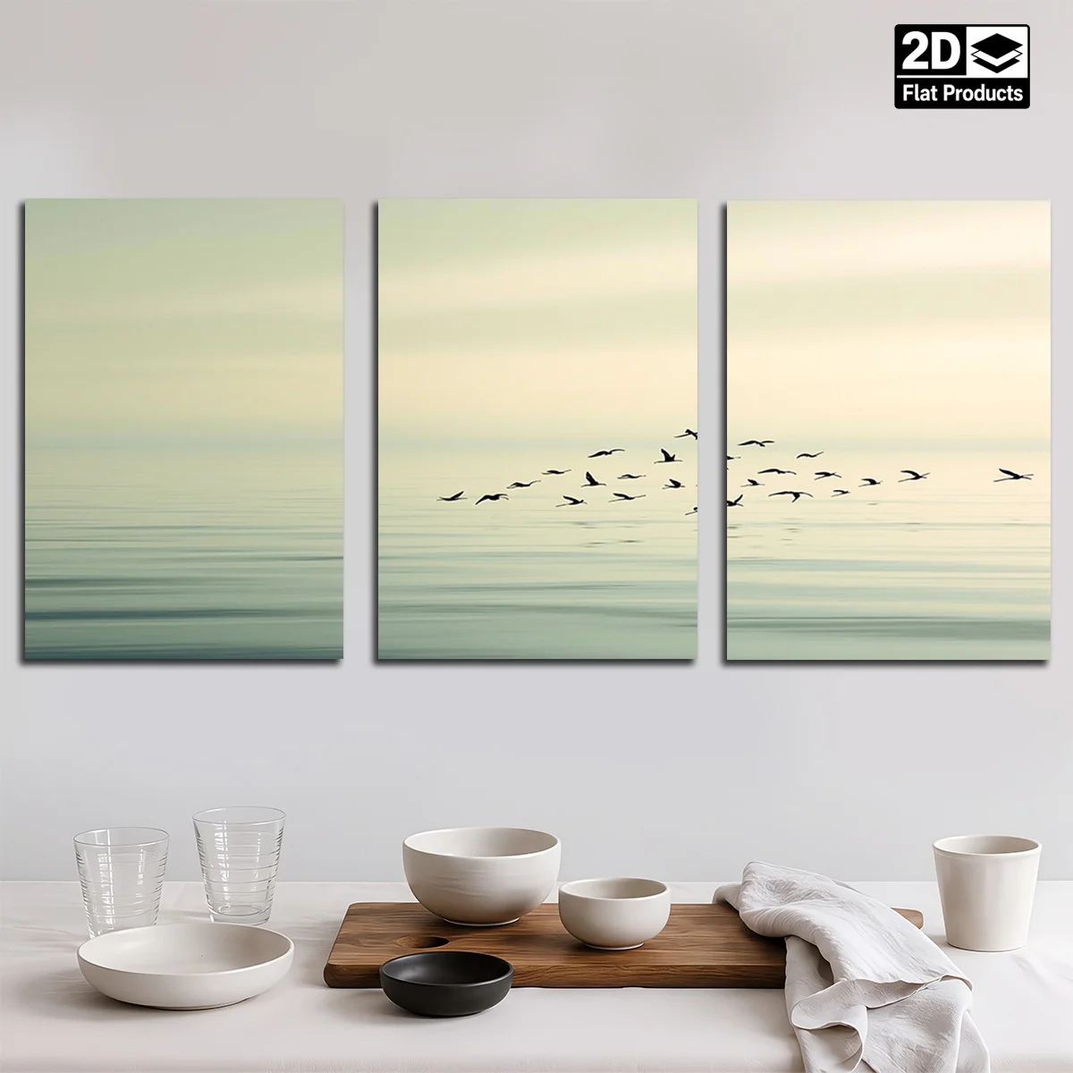 Frameless 3PCS 2D Decorative Painting - Canvas Painting - Three Panels Show Calm Sea With Birds Flying In Soft Pastels Cheap