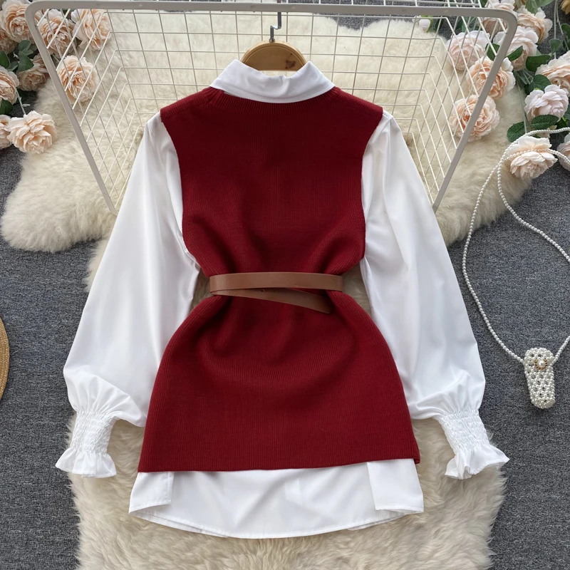 Chic Women Two-Piece Sets Long Sleeve Single Breasted Turn-down Collar Loose Shirt and Knit Split Vest Sashes Korean Casual Top