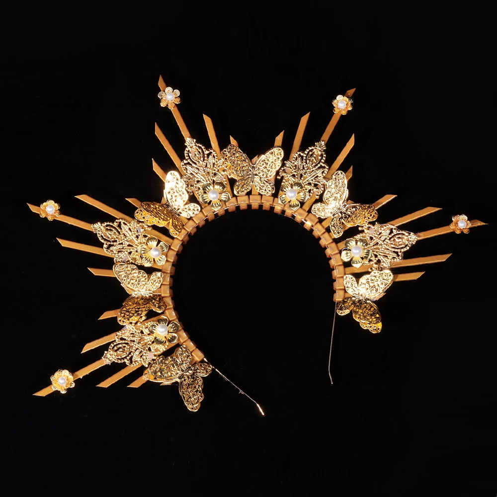 Vintage Crown Halo Headpiece Wedding Headwear Cosplay Women Sun Goddess Pearl Halloween Carnival Party Girls Headdress Props