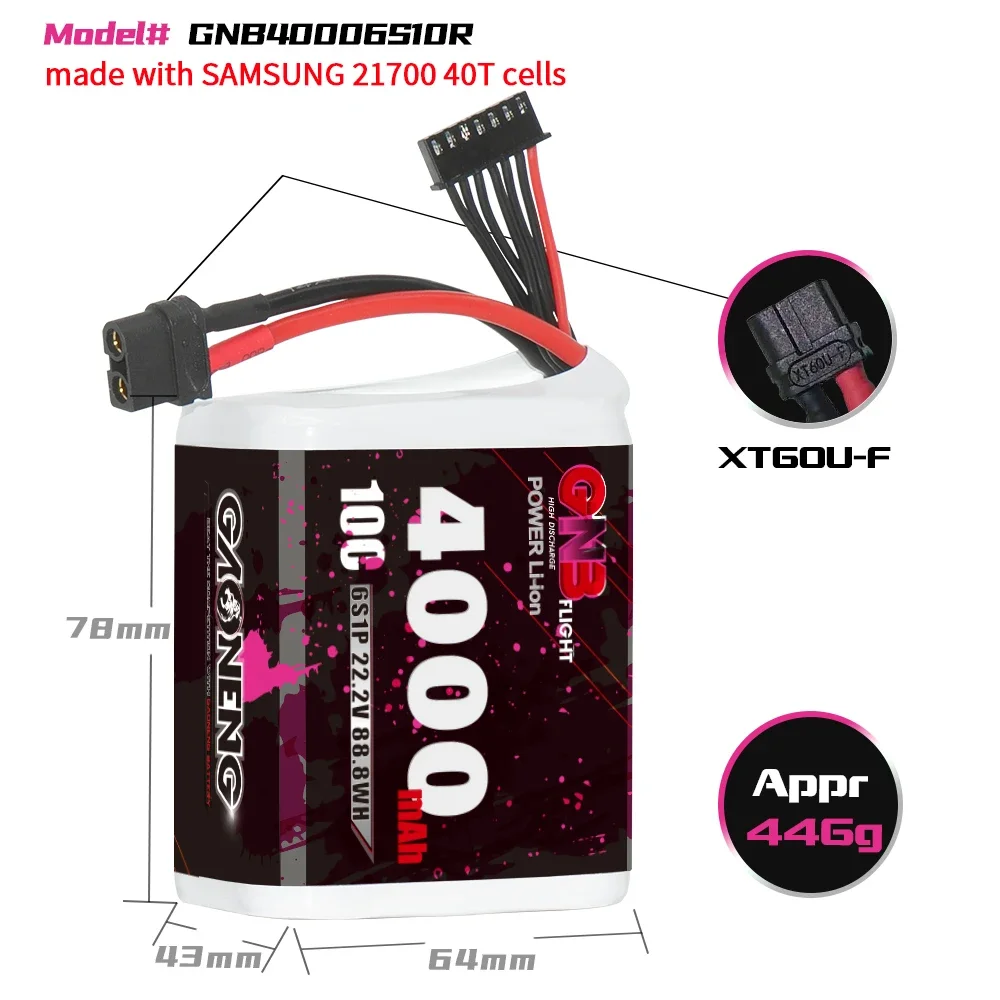 GNB Gaoneng 4000mAh 6S 22.2V 10C SamSung 21700 40T Battery FPV RC 5/7inch Long Flight XT60 Plug