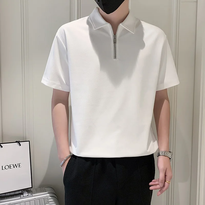 

Чисто белая приталенная футболка с коротким рукавом для мужчин, деловая повседневная футболка с отложным воротником, модная брендовая молодежная летняя модель.
