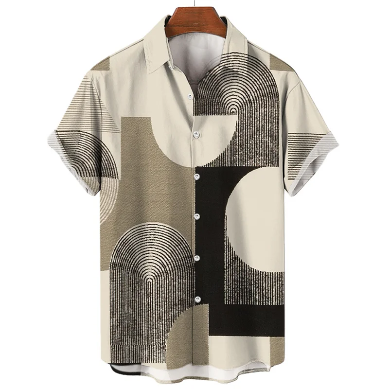 Camisa havaiana impressa em 3D masculina, Gráficos geométricos, Top de rua casual, manga curta, design minimalista, verão, 2023