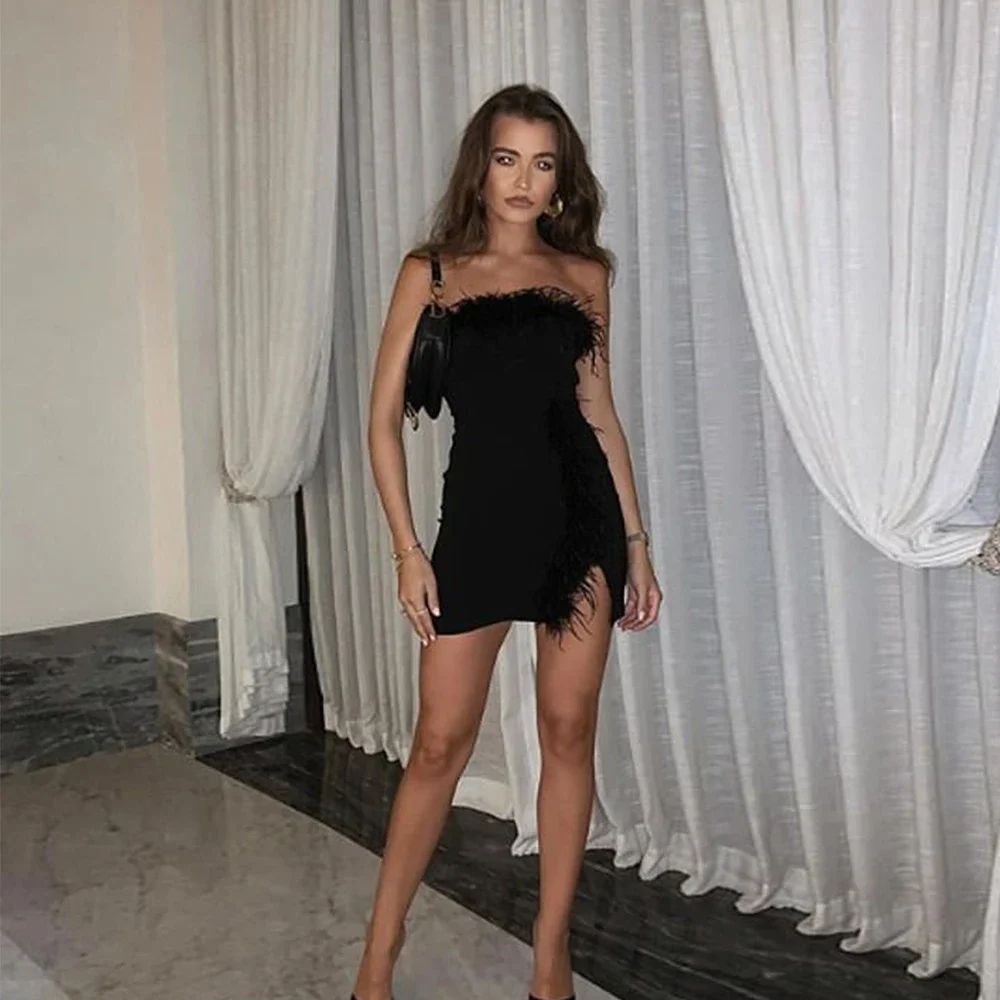 

Feather Mini Cocktail Dress Luxury Strapless Bodycon Dress Sleeveless Sheath Black Sexy Cocktail Gown for Ladies Party Dresses