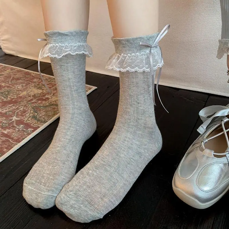 Sweet Bow Lace Socks For Women Summer Thin Breathable Sweat-absorbing Mid-calf Socks Ballet Style Socks