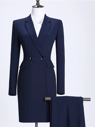 Vrouwen Werken Business Wear Broek Pak Wijn Blauw Zwart Lange Blazer Set Elegante Jas En Broek 2 Stuks