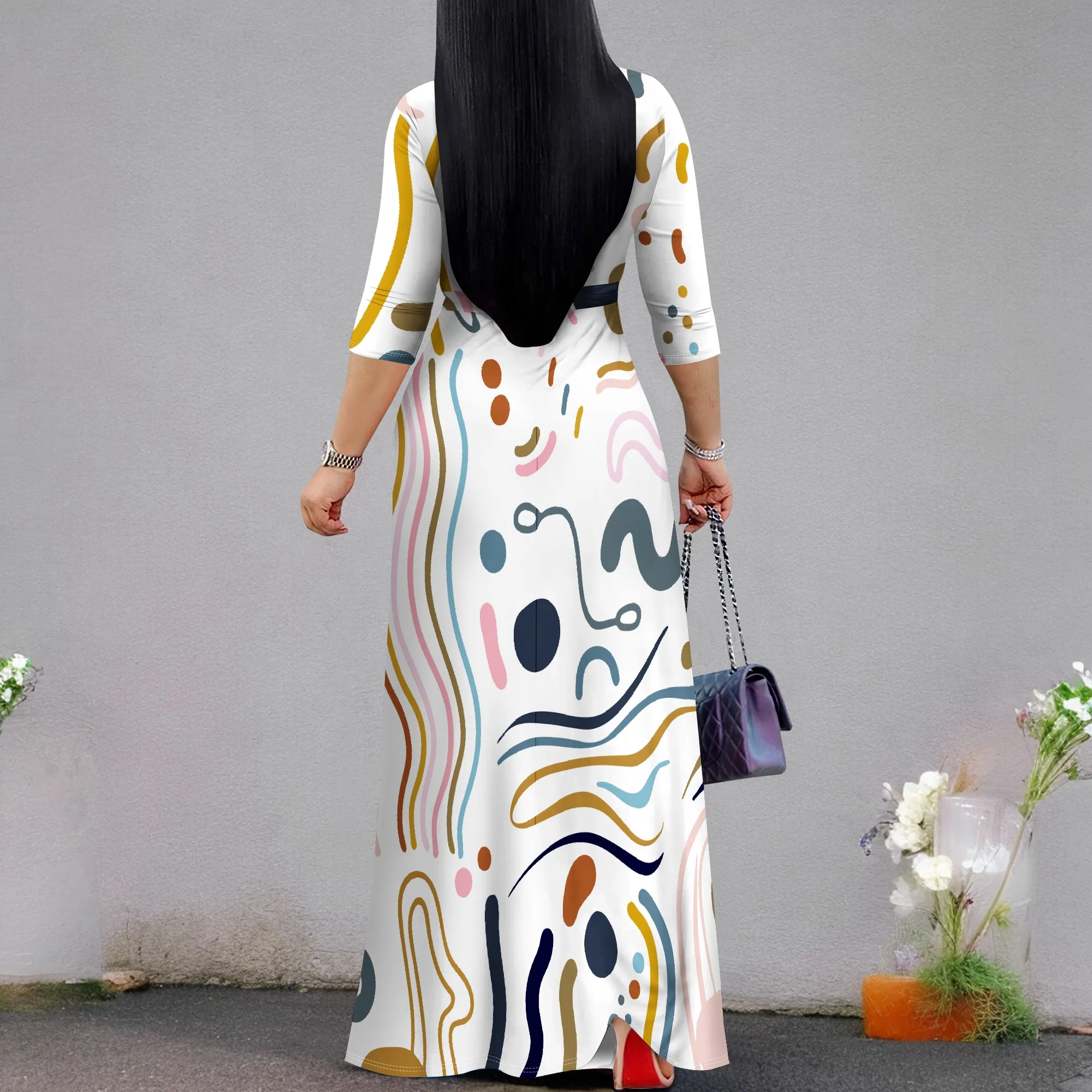 Seksowna sukienka damska z krótkim rękawem i dekoltem w szpic Boho Long Dress Fashion Printed Split Hem Club Party Casual Vacation Maxi Dress