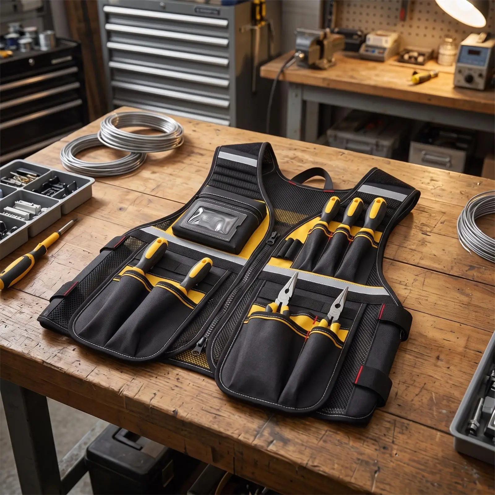 Multi Pocket Tool Organizer Vest for Construction Worker Reflective Zipper Front Adjustable Work Vest