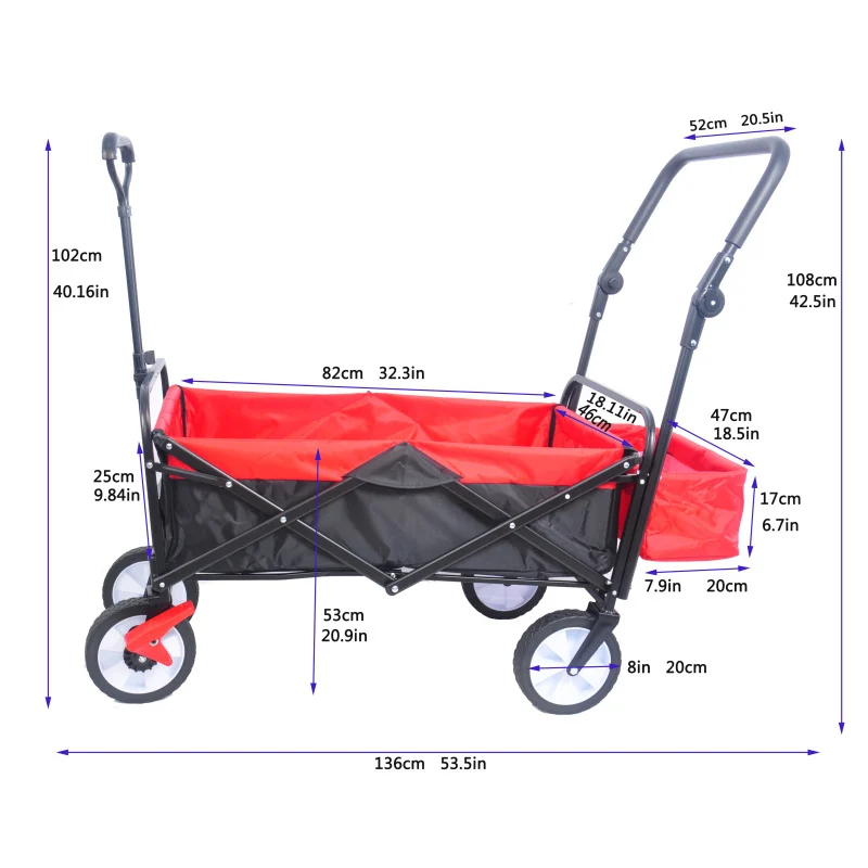 Wagon Zusammenklappbarer Outdoor-Utility-Wagen, robust, zusammenklappbar, für den Garten, tragbarer Handwagen, Getränkehalter, verstellbare Griffe