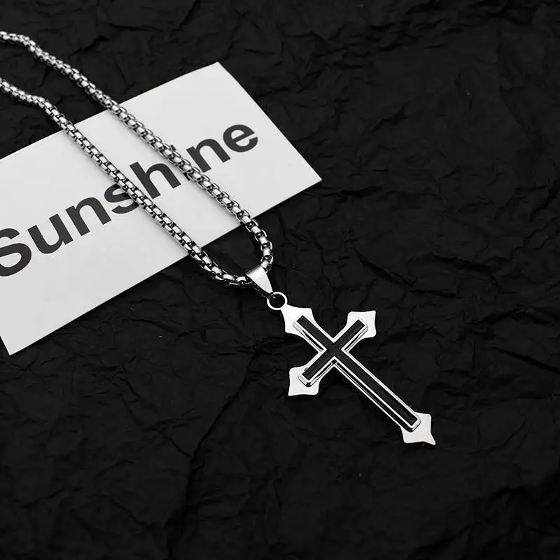 Vintage Gothic Hollow Cross Pendant Necklace Silver Color Cool Street Style For Men Women Gift Wholesale Neck Jewelry